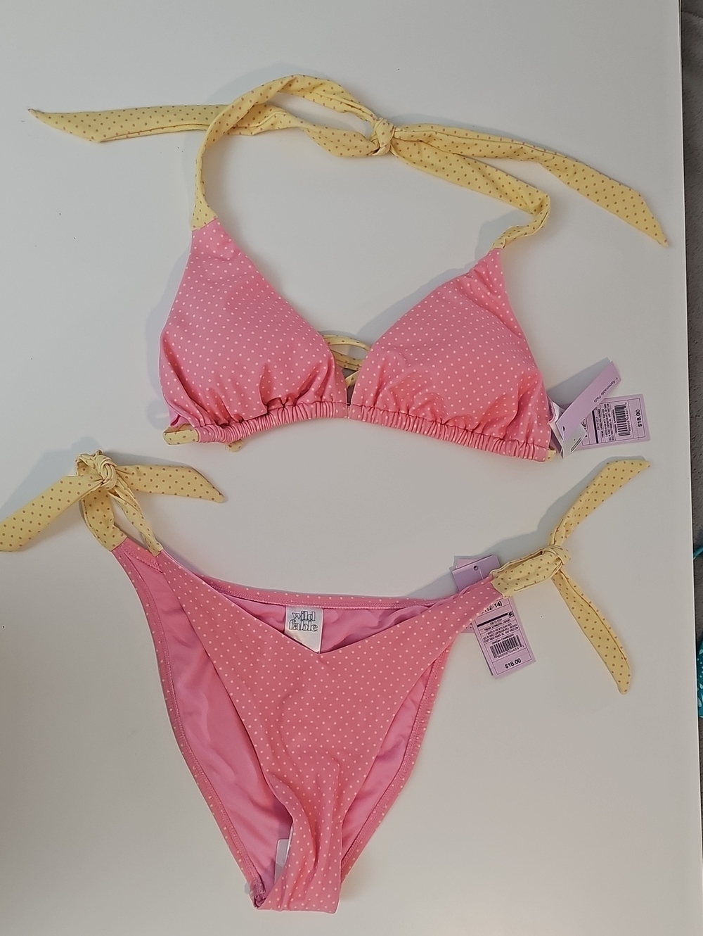 Wild Fable with Demetra Dias L Pink Polka Dot Bikini Set with Yellow Tie Accents